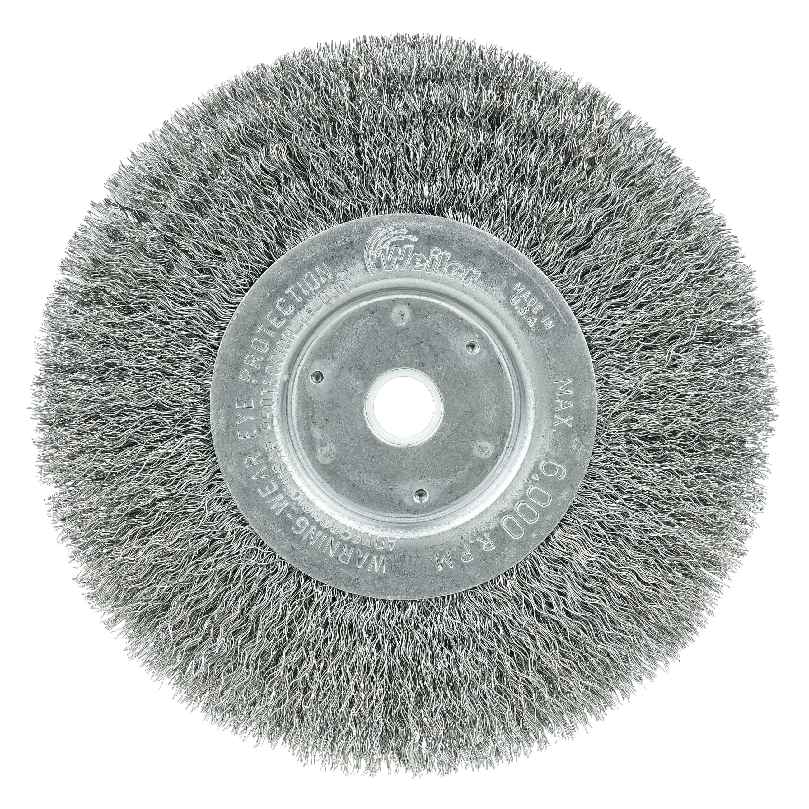 Weiler® 01055 Narrow Face Wheel Brush, 6 in Dia Brush, 3/4 in W Face, 0.0104 in Dia Crimped Filament/Wire, 1/2 to 5/8 in Arbor Hole